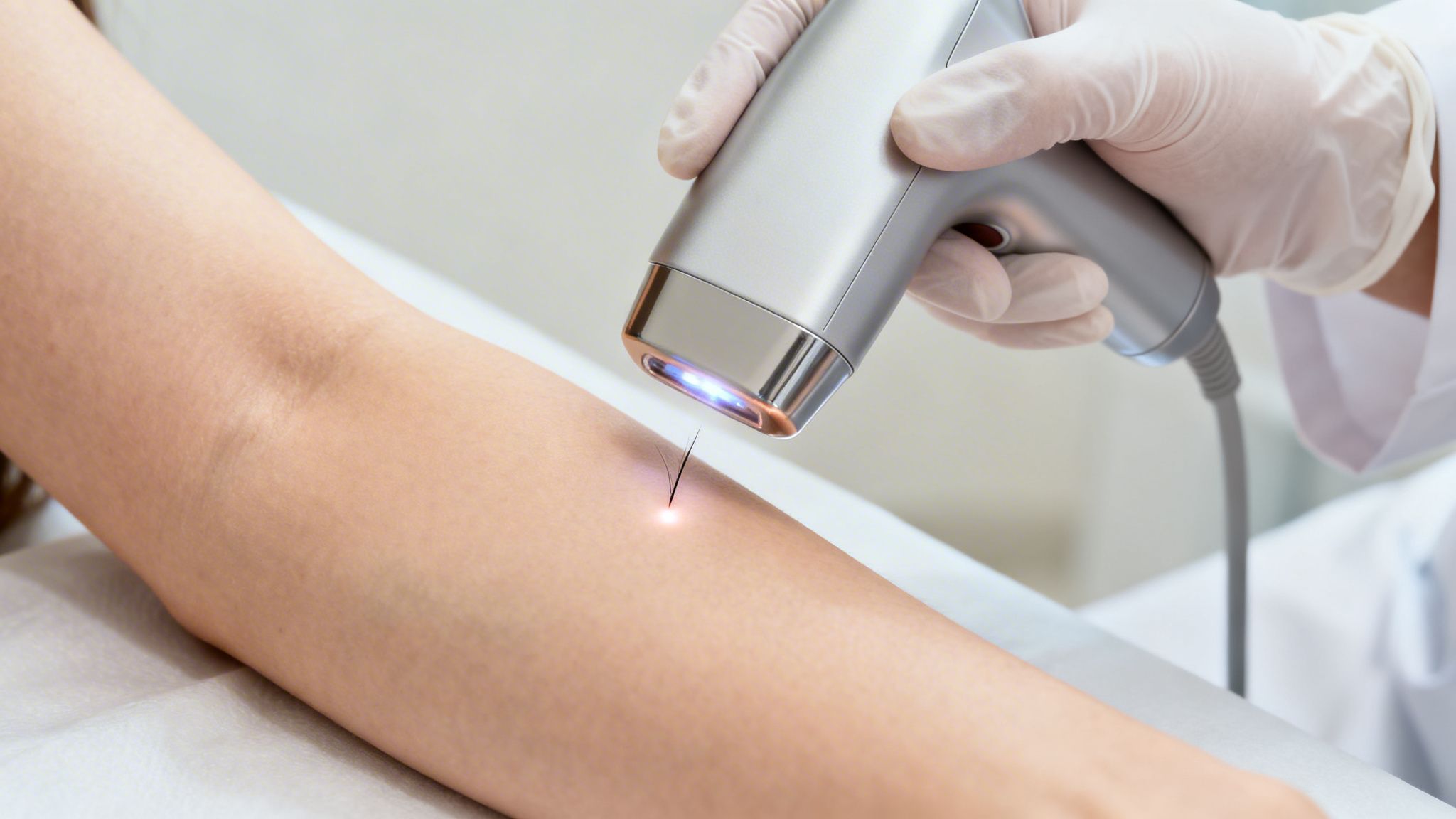 טיפול הסרת שיער בלייזר על זרוע, כאשר מכשיר לייזר מופעל על ידי יד בכפפה.