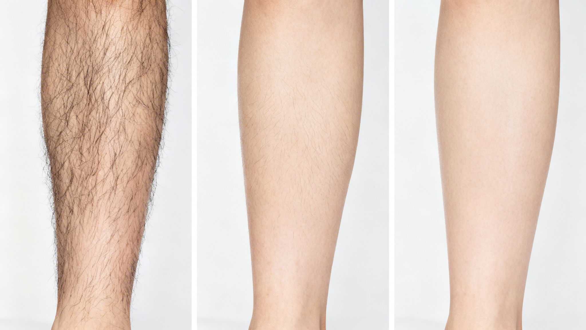 תמונות לפני ואחרי של הסרת שיער בלייזר מהרגל, משיער מלא לרגל חלקה ומטופחת.