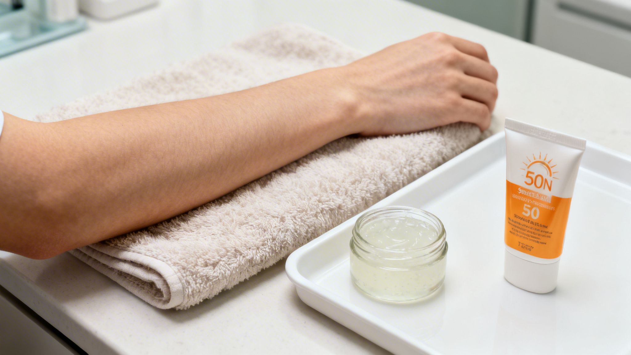 זרוע של אישה על מגבת, ליד קרם הגנה וג'ל אלוורה, מוכנה לטיפול עור וטיפוח.