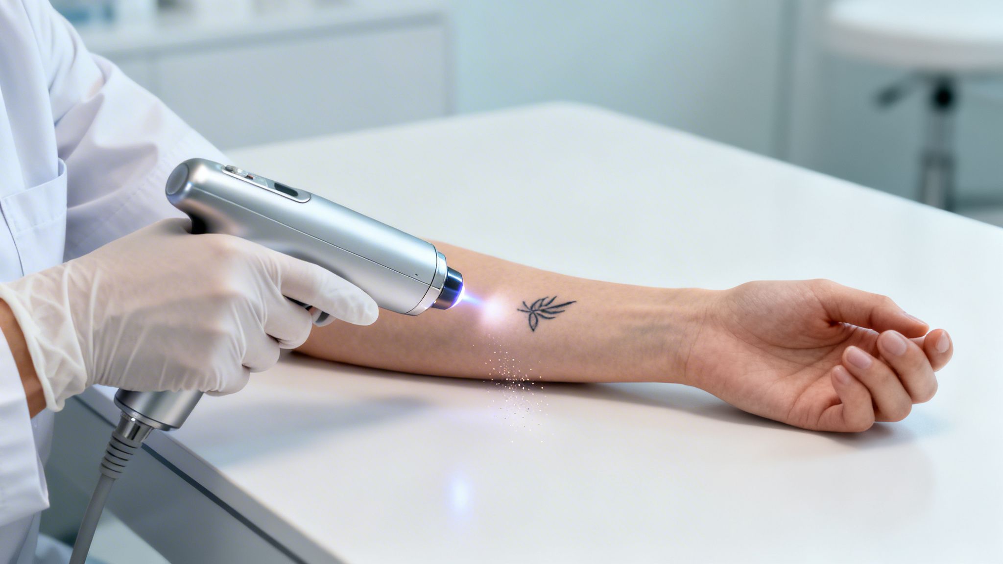 רופא מסיר קעקוע קטן של עלה משורש כף היד באמצעות מכשיר לייזר בטיפול קוסמטי.