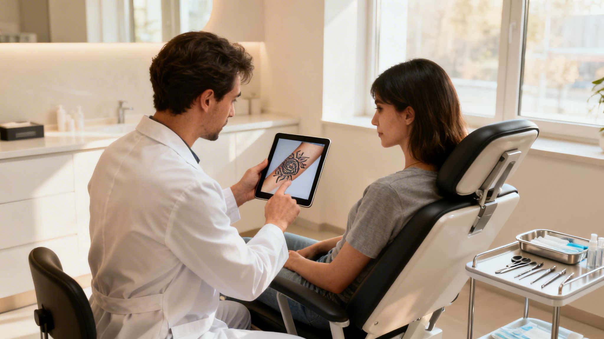 רופא מראה למטופלת תמונת קעקוע על טאבלט, ככל הנראה לדיון בהסרת קעקועים בלייזר.