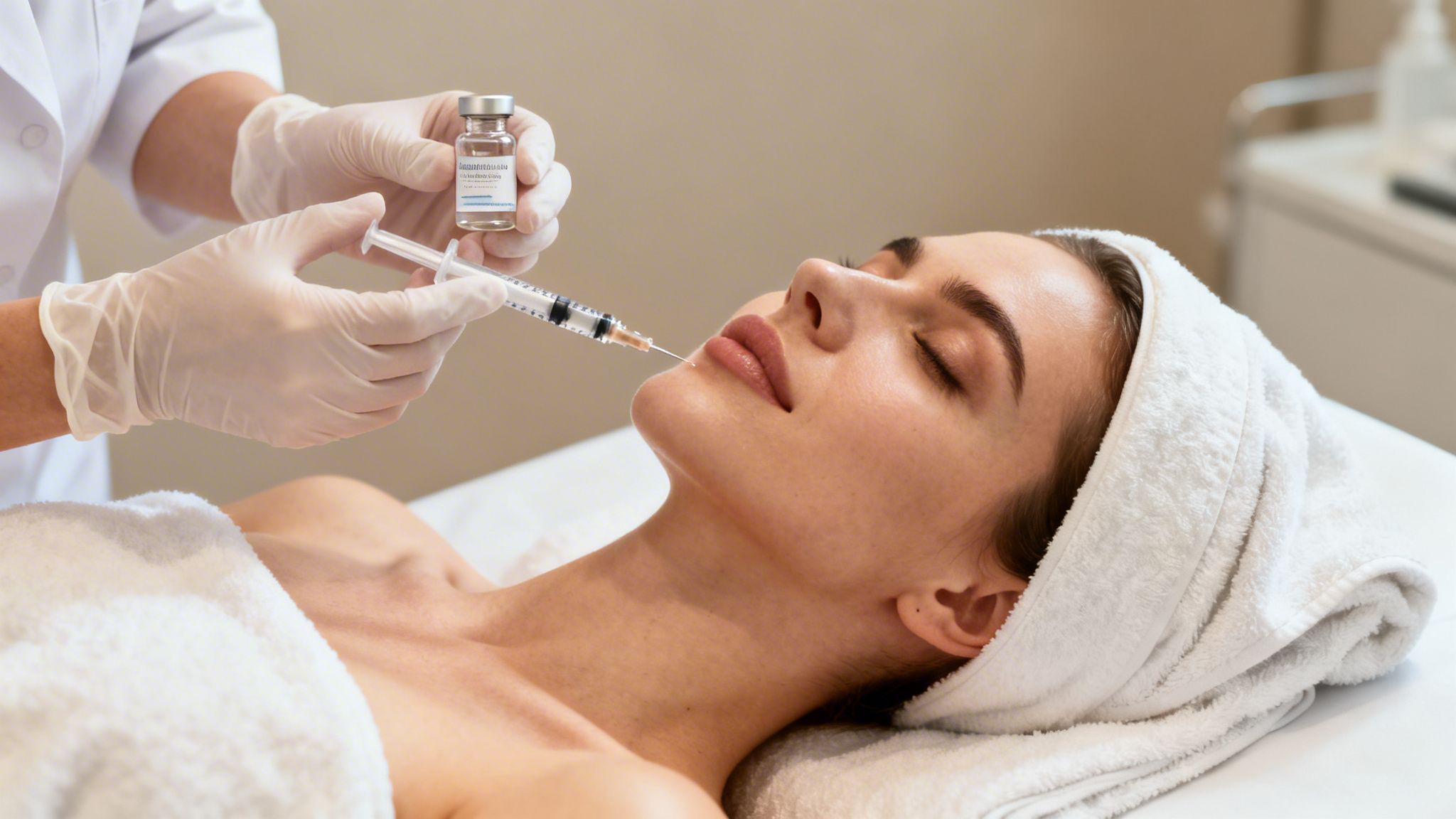 המדריך המלא להצערת עור הפנים ללא ניתוח ב-2026 facial skin rejuvenation lip injection אישה צעירה שוכבת ומקבלת הזרקת מילוי לשפתיים על ידי מטפלת עם כפפות בחדר טיפולים.