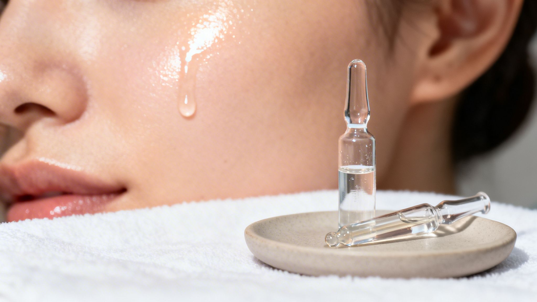המדריך המלא להצערת עור הפנים ללא ניתוח ב-2026 facial skin rejuvenation skincare serum קרוב של פנים עם טיפת נוזל על הלחי ובקבוקוני סרום קטנים על מגבת לבנה, מדגיש טיפוח והזנה לעור.