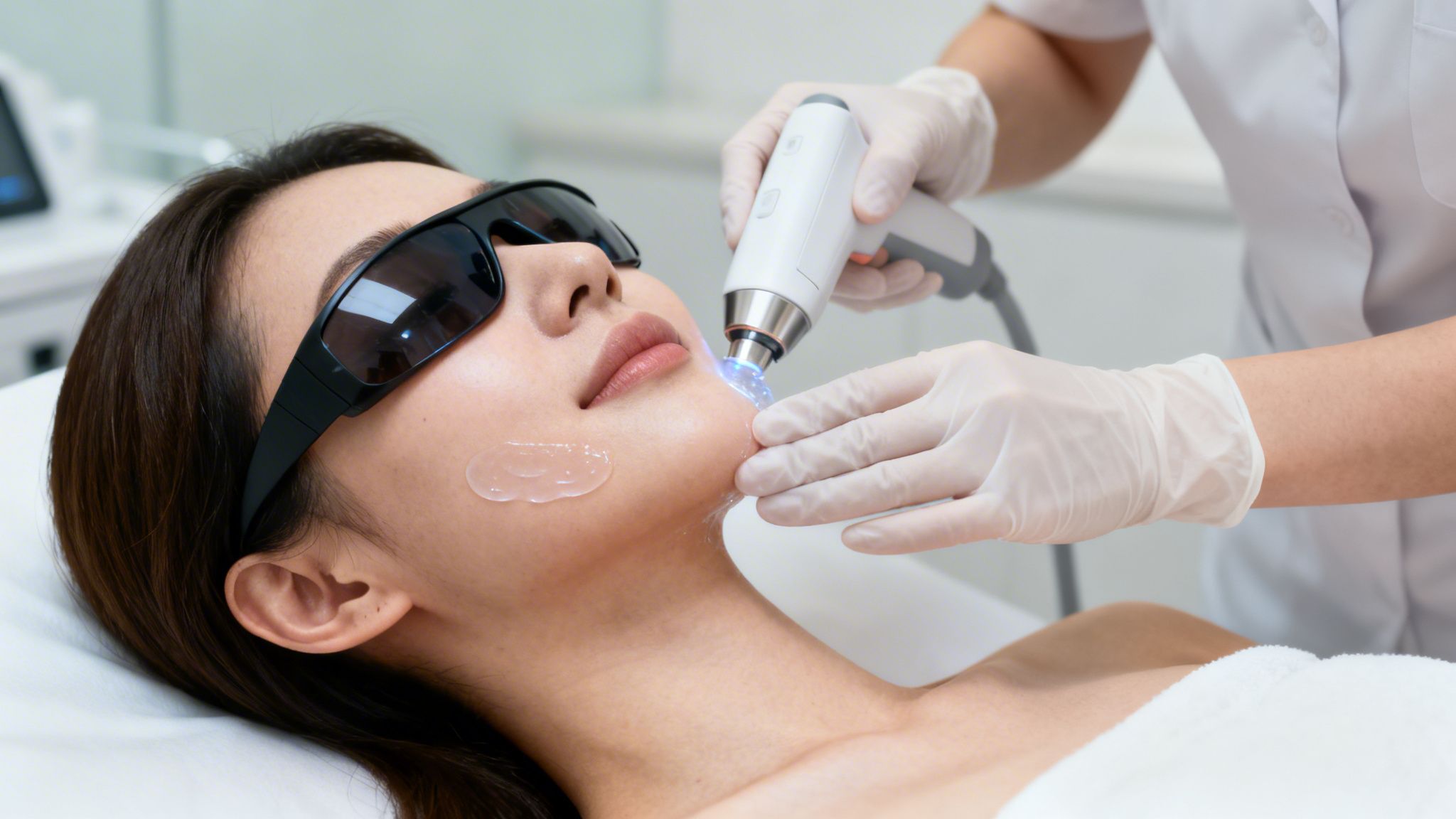 הסרת פיגמנטציה בלייזר: המדריך המלא לעור אחיד וחלק pigmentation removal by laser laser treatment אישה מקבלת טיפול פנים בלייזר במרפאה קוסמטית, עם משקפי מגן וג'ל על עורה, מבוצע על ידי קוסמטיקאית.